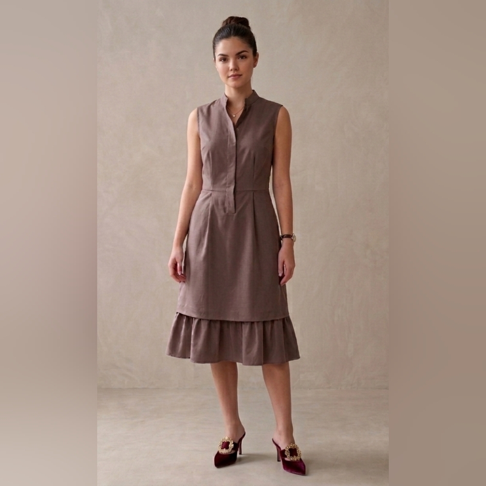 GIOTELLA Italy Mocha Mandarin Collar Ruffle Hem Dress Minimalist Professional
